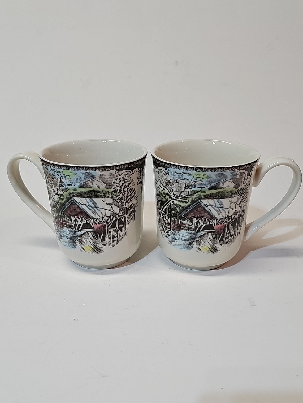 Johnson Brothers "The Friendly Village" Scenic Covered Bridge Mugs - Set of 2